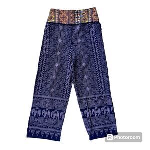 Elelphant Pants Embroidered Waist‎ Band Elastic Straight Leg Raw Hem Detail